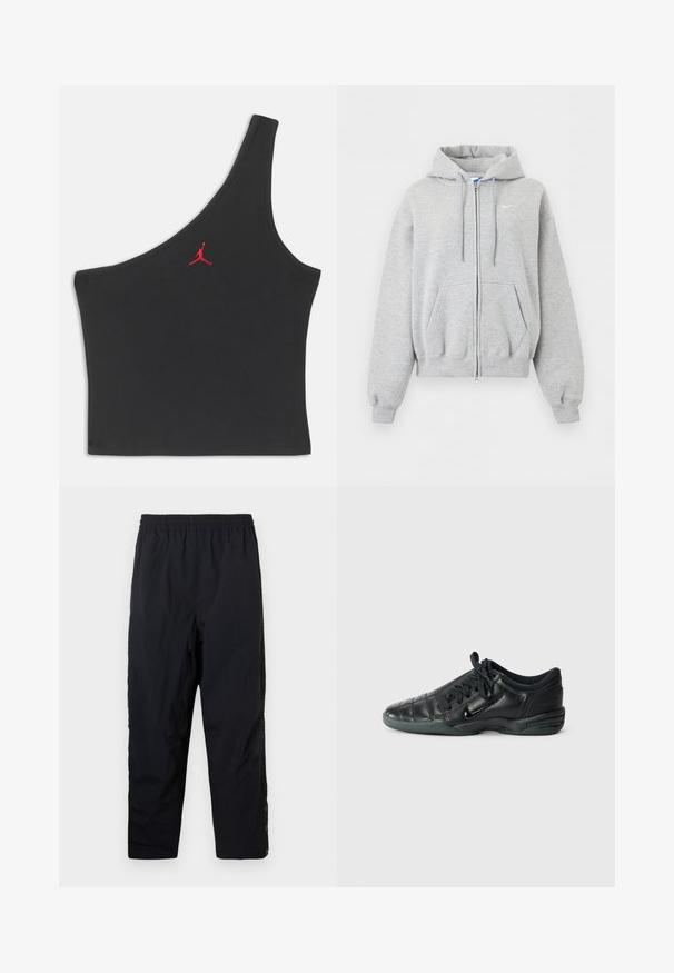 Sweat à capuche gris clair zippé avec poches avant, capuche à cordon, poignets et bas en côte, et petit logo Nike blanc sur la poitrine.; Haut court noir à une épaule avec logo Jumpman rouge brodé au centre de la poitrine sur un fond uni.; Pantalons noirs à taille élastique décontractés avec des jambes droites et des boutons-pression aux chevilles sur fond blanc uni.; Chaussure de sport en cuir noir avec un design matelassé, bout arrondi, lacets à l'avant et semelle en caoutchouc. Présente une marque discrète sur le côté.