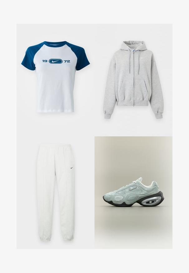 Sweat à capuche gris clair zippé avec poches avant, capuche à cordon, poignets et bas en côte, et petit logo Nike blanc sur la poitrine.; T-shirt en coton blanc avec des manches raglan bleues, arborant un logo central et "1972" imprimé en dessous en bleu. Manches courtes et col rond.; Pantalon de survêtement Nike gris clair avec une taille élastique, des poignets resserrés et un petit logo noir sur la cuisse gauche. Tissu doux et texturé.; Basket Nike gris clair avec une semelle intermédiaire air-coussinée noire et argentée, tige texturée et petit logo Swoosh argenté sur le côté.