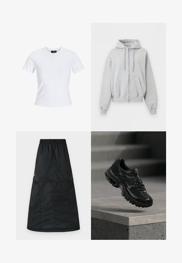 Lysegrå hættetrøje med lynlås foran, forlommer, snørrehætte, ribstrikkede manchetter og kant samt lille hvid Nike-logo på brystet.; Hvid tætsiddende t-shirt med korte ærmer, rund halsudskæring og et lille sort mærke indeni kraven.; Sort atletisk nederdel lavet af let, glat nylonstof. Har elastisk taljebånd og et enkelt, langt, A-formet design.; Sort Nike løbesko med mesh og syntetisk overdel, der svæver over en betonoverflade og trin i baggrunden.