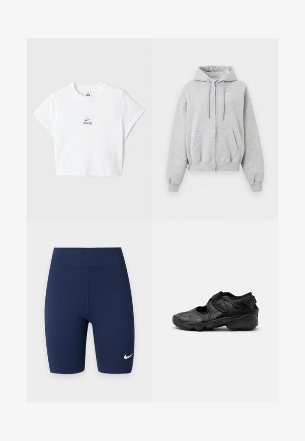 Helehall tulev lukuga pusas esitaskute, paeltega kapuutsi, soonikutega varruka- ja alaäärega ning väike valge Nike logo rinnal.; Valge lühikeste varrukatega t-särk, mis on valmistatud puuvillast, sisaldab rinnal väikest sinist tikandlogot ja klassikalist ümmargust kaelust.; Meresinine kõrge vöökohaga spordijalgrattapüksid, millel on valgel taustal vasakul reiel Nike'i logo.; Mustad sportlikud sandaalid suletud varbaga, takjakinnitused sääre keskosas ja kandadel ning paks pehmendusega tald, millel külgmisel küljel kiri "AIR".