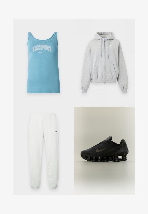 Lichtgrijze hoodie met ritssluiting, voorzakken, aantrekkoordje in de capuchon, geribde boorden en zoom en klein wit Nike-logo op de borst.; Lichtblauw sporttanktop met brede ronde hals, mouwloos ontwerp en "NIKE SPORTS" in witte letters over de borst gedrukt. Zacht katoenmateriaal.; Lichtgrijze Nike joggingbroek met een elastische tailleband, taps toelopende boorden en een klein zwart logo op de linker dij. Zachte, gestructureerde stof.; Zwarte Nike-sneaker met een bovendeel met ritssluiting en een kenmerkende veerachtige, gesegmenteerde zool, weergegeven in zijaanzicht op een neutrale achtergrond.