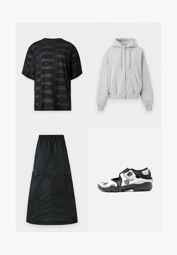 Sweat à capuche gris clair zippé avec poches avant, capuche à cordon, poignets et bas en côte, et petit logo Nike blanc sur la poitrine.; T-shirt noir à manches courtes en mesh avec motif répétitif du texte « Air Jordan » et petit logo Jordan Jumpman au centre de l'encolure avant.; Jupe de sport noire en tissu nylon léger et lisse. Elle possède une taille élastique et une coupe simple, longue, en ligne A.; Chaussure de sport à enfiler noire et blanche avec de gros pois, bride réglable et semelle épaisse et rembourrée marquée "AIR".
