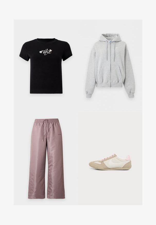 Vaaleanharmaa vetoketjullinen huppari etutaskuilla, kiristysnarulla varustettu huppu, resorit hihansuissa ja helmassa sekä pieni valkoinen Nike-logo rinnassa.; Mustat puuvillaiset t-paidat, joissa on pyöreä kaula-aukko, lyhyet hihat ja valkoinen "nike"-logo, jota koristelevat kukkakoristeet keskellä.; Vaaleanpunaiset, leveälahkeiset housut, jotka on valmistettu sileästä nailonista. Niissä on kuminauhavyötärö ja kiristysnauha sekä brändäys sivussa.; Beigen ja valkoisen tennarin vaaleanpunaisilla nauhoilla ja kantadetaljilla, jossa sivussa valkoinen Nike Swoosh -logo, nähtynä sisältäpäin.