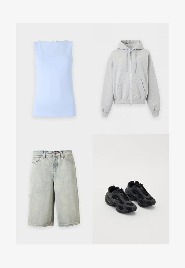 Sudadera con capucha y cremallera en gris claro, con bolsillos delanteros, capucha con cordón, puños y bajo ribeteados, y pequeño logo blanco de Nike en el pecho.; Top sin mangas de color azul claro con un escote cuadrado, hecho de una tela suave, que presenta un diseño ajustado y una silueta minimalista.; Pantalones cortos vaqueros azul claro hasta la rodilla con botón frontal, cremallera, trabillas para el cinturón y bolsillos sobre fondo neutro.; Zapatillas Nike negras con paneles de malla y gamuza, cortes únicos y cuellos acolchados. Los acentos brillantes en los costados destacan un diseño moderno.