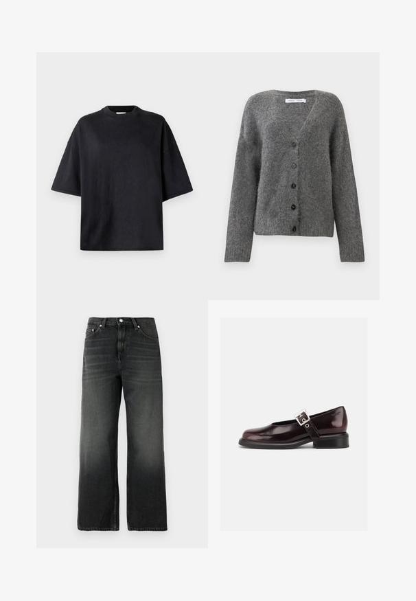 Cárdigan gris hecho de un material suave y texturizado; presenta un escote en V, botones negros y mangas largas con puños de canalé.; Camiseta negra de gran tamaño hecha de algodón suave. Presenta un cuello redondo, mangas cortas y una textura suave. Sin patrones ni acentos visibles.; Jeans de mezclilla negra con un ajuste relajado, diseño de pierna recta, textura desgastada, estilo de cinco bolsillos y cierre de botón plateado en la cintura.; Zapato único Mary Jane brillante de color burdeos oscuro con correa ancha y hebilla plateada, tacón bloque bajo y punta redondeada sobre fondo blanco.