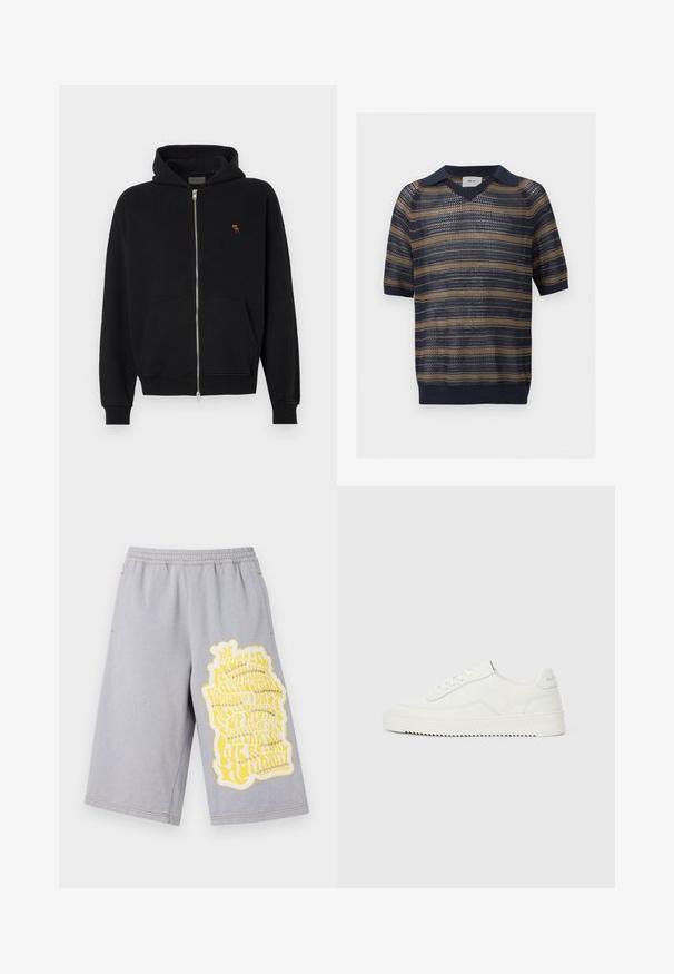 Zwarte zip-up hoodie gemaakt van zachte stof, met een kangoeroe-pocket, geribbelde manchetten en een klein geborduurd logo op de borst.; Korte mouw gebreide polo met marineblauwe en beige horizontale strepen en een geribde zoom en manchetten, met een mesh-achtig open breipatroon.; Grijze katoenen shorts met een elastische tailleband, voorzien van een grote gele grafische print en versleten randen aan het linkerbeen.; Lage witte leren sneaker met vetersluiting, gestructureerd hielstuk en licht geribde witte rubberen zool op een effen lichte achtergrond.