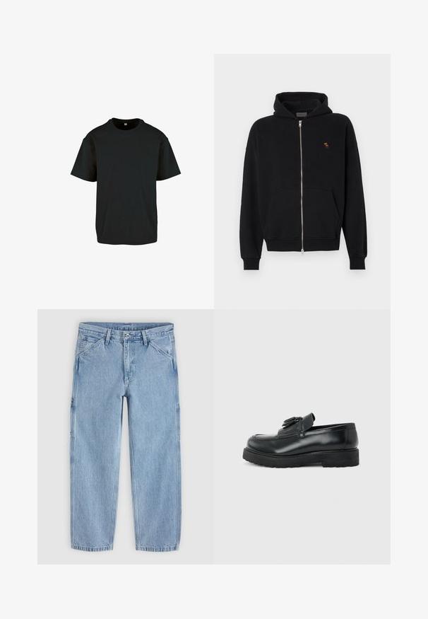 Sudadera con cremallera negra hecha de tela suave, con un bolsillo tipo canguro, puños acanalados y un pequeño logo bordado en el pecho.; Camiseta de algodón negra con cuello redondo y mangas cortas; presenta un ajuste relajado y una superficie suave y texturizada.; Vaqueros de mezclilla de pierna recta de color azul claro con botón delantero, cremallera, trabillas para cinturón y bolsillos delanteros inclinados sobre un fondo liso.; Mocasín de cuero negro con borlas, suela de caucho gruesa y tacón bajo, mostrado de perfil sobre un fondo liso.