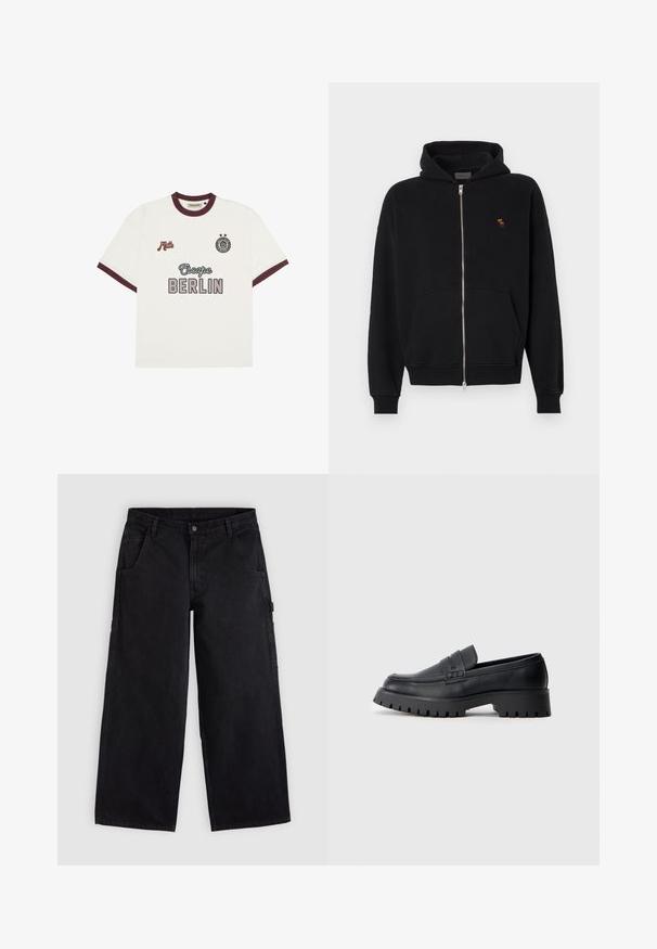 Sudadera con cremallera negra hecha de tela suave, con un bolsillo tipo canguro, puños acanalados y un pequeño logo bordado en el pecho.; Camiseta blanca de manga corta con ribete burdeos, texto "Escape BERLIN" en el centro del frente, "Mitte" en el lado izquierdo del pecho y un emblema circular con dos estrellas en el lado derecho del pecho.; Pantalones de trabajo negros de pierna ancha con trabillas para cinturón, bolsillos delanteros y cierre con botón, mostrados sobre un fondo claro y liso.; Mocasines de cuero negro con punta redondeada, que presentan una correa decorativa y una suela de goma gruesa con surcos profundos para mayor tracción.