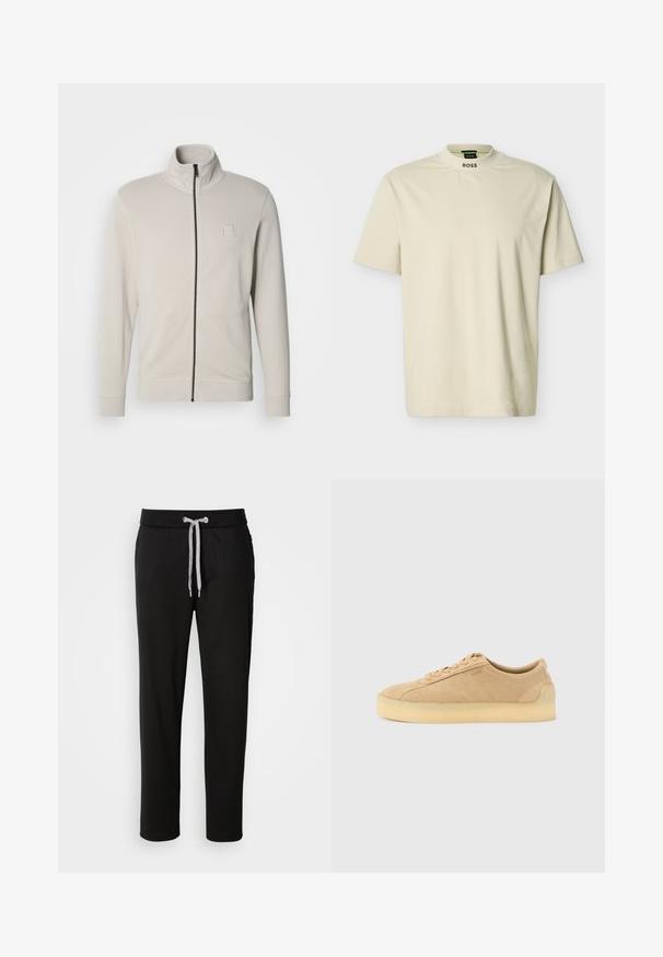Lysegrå jakke med lynlås lavet af blødt stof. Har høj krave, lange ærmer og diskret logo på brystet.; Beige T-shirt med korte ærmer, høj rund hals og "BOSS" tekst trykt på kragens forside.; Sorte sweatpants lavet af blødt stof, med elastisk talje med snor og sidelommer. Casual design med lige pasform.; Beige ruskind lavtop-sneaker med tyk gummsål, snørebånd foran og diskret branding på siden på en ensartet lys grå baggrund.