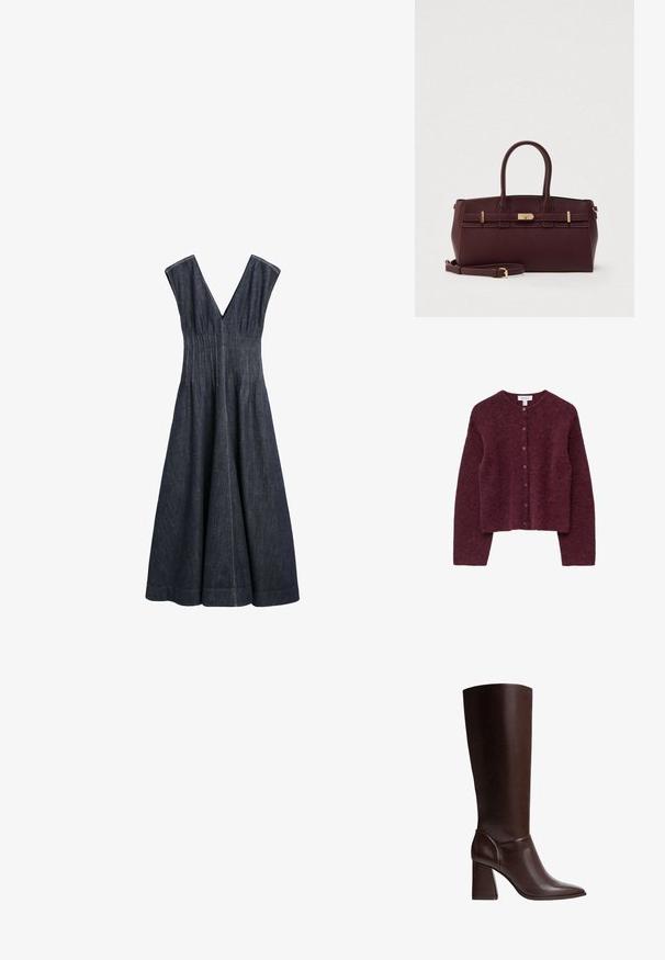 Bordeaux kort cardigan lavet af blødt, struktureret stof med en rund halsudskæring og seks knapper foran, der har lange ærmer og et enkelt design.; Ærmeløs mørk denim midi-kjole med dyb V-hals og figursyet plisser i taljen, der flår ud i et A-formet skørt.; Brune læderknæhøje støvler med spidse tæer og blokhæle, der har en glat overflade og et strømlinet design. Udsmykket syning ved anklen.; Vinrød læderhåndtaske med to øverste håndtag og en aftagelig skulderrem. Har guldfarvet hardware og et struktureret design med vandrette accenter.