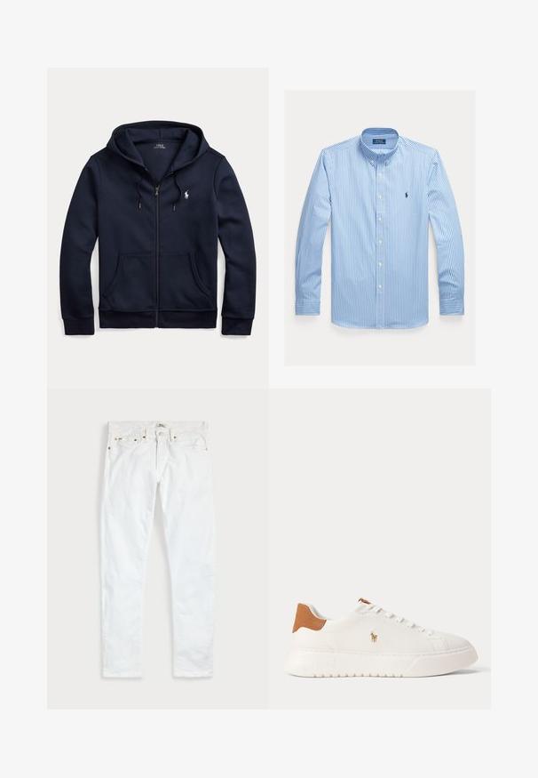 Tmavomodrá mikina na zips s kapucňou, sťahovacími šnúrkami, prednými vreckami a malým bielym vyšívaným logom Polo Ralph Lauren na ľavej strane hrudníka.; Modro-biela vertikálne pruhovaná košeľa s dlhým rukávom, gombíkmi, golierom a logom Polo Ralph Lauren na hrudi.; Biele slim fit džínsy s piatimi vreckami, zapínaním na gombíky a opaskovými pútkami, položené na rovnej svetlej jednofarebnej podložke.; Biely nízky teniska s béžovou pätovou záložkou, bielymi šnúrkami a malým vyšívaným logom hráča póla na boku nad tlustou podrážkou.