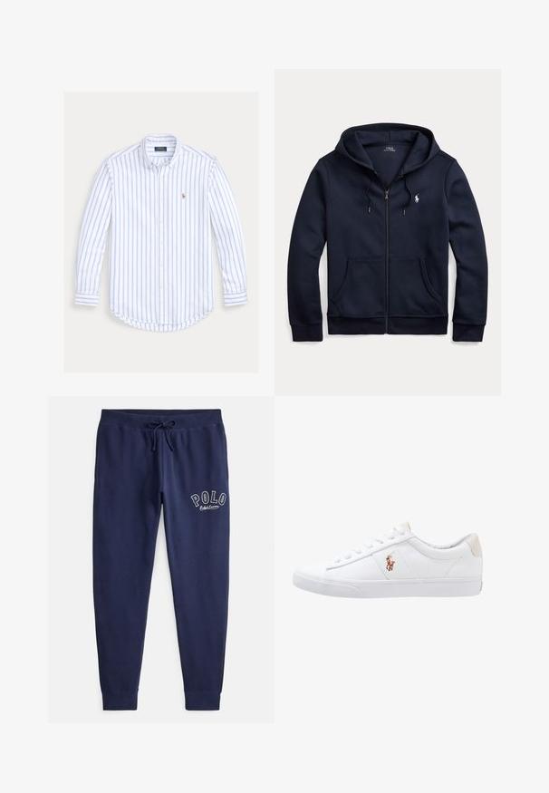 Navy blauwe hoodie met rits en trekkoorden, voorzakken en een klein wit geborduurd Polo Ralph Lauren-logo op de linkerborst.; Overhemd met lange mouwen en knopen, lichtblauwe verticale strepen en een klein geborduurd logo op de linkerborst.; Marineblauwe katoenen joggers met elastische tailleband en verstelbare trekkoord. Voorzien van een geborduurd "POLO"-logo in het wit op de linkerdij.; Witte canvas sneakers met een laag ontwerp, featuring een beige hieltab en een klein geborduurd logo aan de zijkant. Rubber zool.