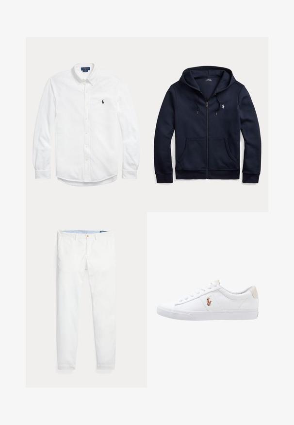 Mørkeblå hættetrøje med lynlås, snore, forlommer og en lille hvid broderet Polo Ralph Lauren-logo på venstre bryst.; Hvid skjorte med lange ærmer med knapper, knaplukket krave og lille mørkt Polo Ralph Lauren-logo på venstre bryst.; Hvide bomuldschinos med slank pasform, med en enkelt guldknaplukning og lyseblåt inderliv. Glat tekstur uden mønstre.; Hvide kanvas sneakers med lågtop design, prydet med en beige hælkappe og et lille broderet logo på siden. Gummisål.