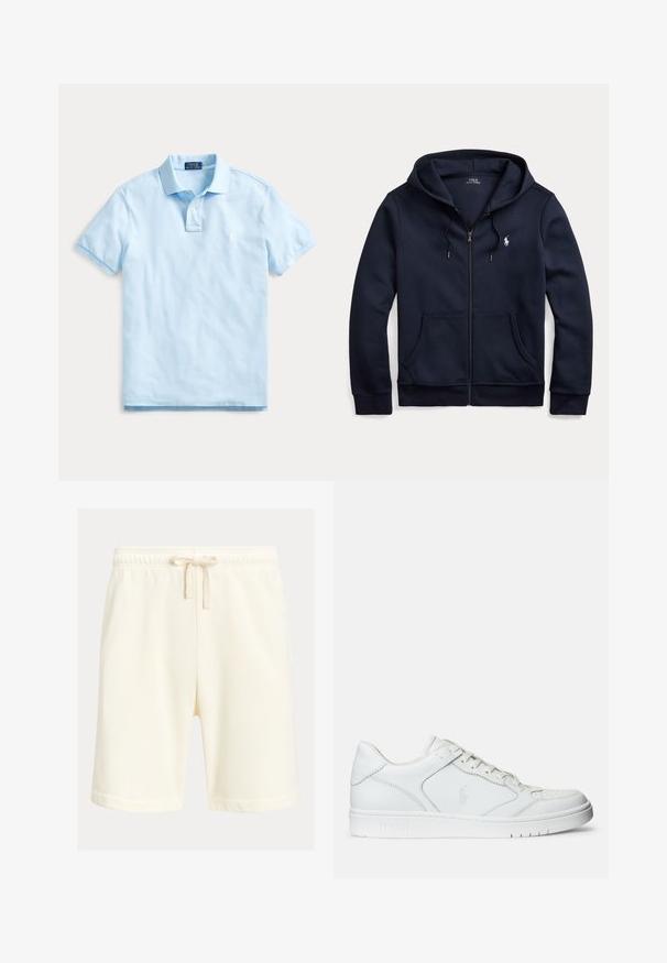 Tmavomodrá mikina na zips s kapucňou, sťahovacími šnúrkami, prednými vreckami a malým bielym vyšívaným logom Polo Ralph Lauren na ľavej strane hrudníka.; Svetlomodré polokošeľa s krátkym rukávom, golierom, zapínaním na dva gombíky a jemným vyšitým logom na ľavej strane hrudníka.; Krémové bavlnené šortky s elastickým pásom, šnúrou na stiahnutie a rovnakým strihom. Hladká textúra a dizajn dĺžky po kolená.; Biele kožené tenisky s hladkým povrchom, obsahujúce perforovanú špičku, šnúrkové uzatvorenie a vyšívané logo na boku. Biela gumová podrážka.