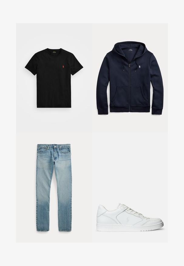 Tumesinine tõmblukuga kapuutsiga dressipluus, ees taskud ja väike valge tikitud Polo Ralph Laureni logo vasakul rinnal.; Must värvi puuvillane T-särk ümarate kaelustega, lühikeste varrukatega ja vasakul rinnal väikese punase tikitud logoga. Sile tekstuur, klassikaline lõige.; Hele sinised sirge säärega teksapüksid viie tasku, nööpidega kinnituse ja õrnade pleekinud detailidega reite ja põlvede ümber.; Valged nahast spordijalatsid siledast materjalist, millel on ventilatsiooniga varvas, paelad ja kõrvale brodeeritud logo. Valge kummitald.