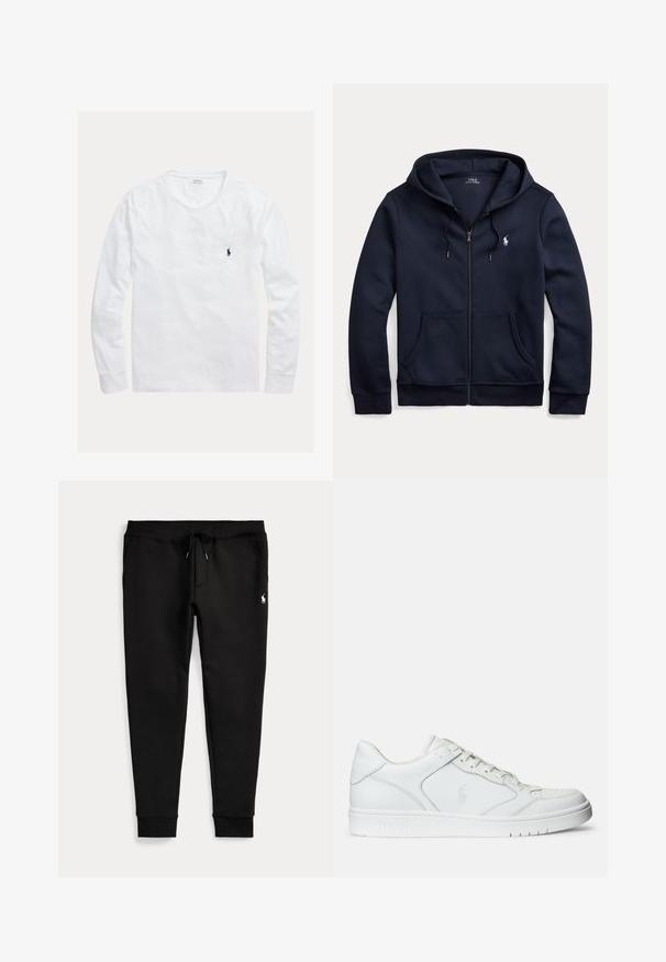 Tmavomodrá mikina na zips s kapucňou, sťahovacími šnúrkami, prednými vreckami a malým bielym vyšívaným logom Polo Ralph Lauren na ľavej strane hrudníka.; Biele tričko s dlhým rukávom a okrúhlym výstrihom s malým tmavomodrým vyšitým logom Polo Ralph Lauren na ľavej strane hrudníka.; Čierne jogger nohavice so zaviazanými členkami, sťahovacím pásom, bočnými vreckami a malým bielym logom hráča polu na pravej stehne.; Biele kožené tenisky s hladkým povrchom, obsahujúce perforovanú špičku, šnúrkové uzatvorenie a vyšívané logo na boku. Biela gumová podrážka.