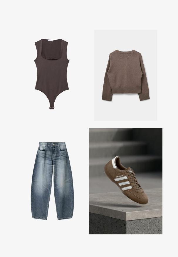 Pull en tricot marron avec un design court, un ourlet et des poignets côtelés, un col rond, et une texture qui semble douce et chaude.; Bodysuit sans manches marron avec un col carré, fabriqué en tissu doux. Comprend une fermeture à pression en bas et une silhouette ajustée.; Jean large en denim bleu clair avec décoloration, présentant un design à cinq poches, un bouton de fermeture et des détails de couture minimaux.; Baskets Adidas Spezial en daim marron avec des bandes blanches et des lacets, flottant au-dessus d'un rebord en béton gris sur un fond d'escaliers flous.