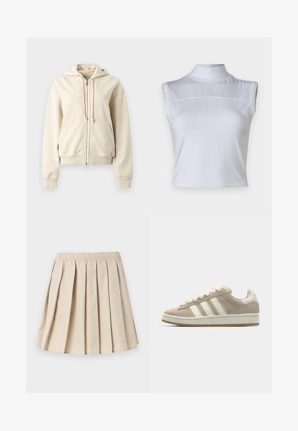 Beige Kapuzenjacke mit Reißverschluss, Kordelzügen, Fronttaschen, gerippten Bündchen und Saum, auf einem schlichten hellgrauen Hintergrund dargestellt.; Weißes ärmelloses Oberteil mit hohem Kragen, glatter Textur und taillierter Passform. Verfügt über eine horizontale Naht über der Brust.; Beiger plissierter Rock mit elastischem Bund, knielang, glatter Stoff, gleichmäßig verteilte Kellerfalten.; Hellbeige Wildlederschuhe mit weißen Lederstreifen und -schnürsenkeln, Gummisohle, gepolstertem Kragen und strukturierten Details auf der Oberseite.