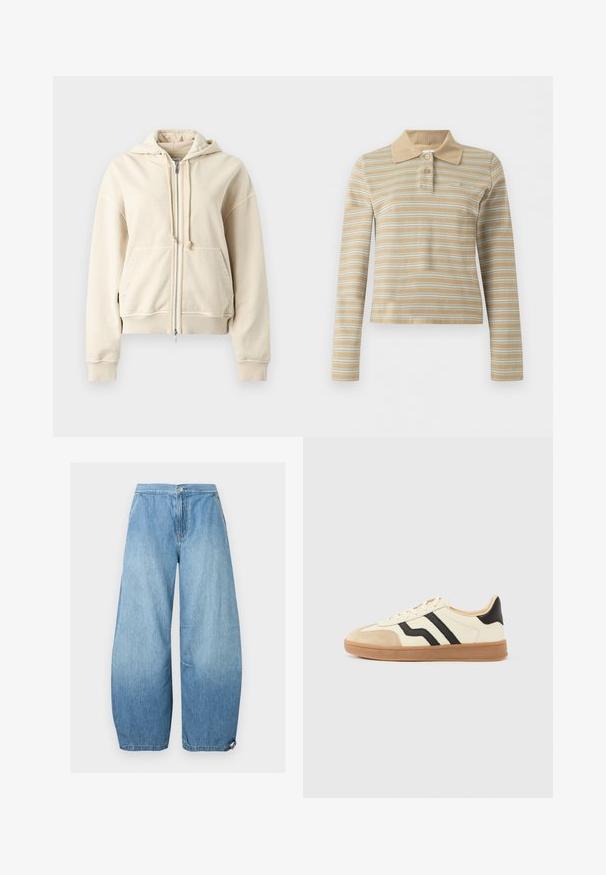 Sweat à capuche zippé beige avec cordons de serrage, poches avant en pouch, poignets et ourlet côtelés, présenté sur un fond gris clair uni.; Polo beige à manches longues avec des rayures blanches horizontales et deux boutons sur le col.; Jean denim bleu clair à jambes larges avec poches avant, fermeture par bouton et ourlets réglables par cordon.; Baskets à lacets avec une tige crème ornée de rayures noires et un bout en daim, complétées par une semelle en caoutchouc marron.