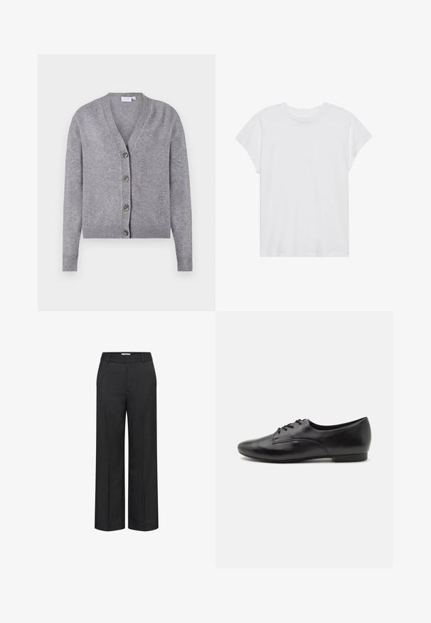 VILA VIRIL V-NECK KNIT CARDIGAN - NOOS - Cardigan - medium grey melange; Hvid kortærmet t-shirt med rund hals, afslappet pasform, lavet af blødt bomuldsstof. Glat tekstur, ingen mønstre eller logoer.; Vide benbukser i mørkegrå, lavet af tekstureret stof. Har en glat elastik i taljen og en forkantede knæk for et skræddersyet udseende.; Sorte lædersko med snørebånd, glat overflade, rund tå, lav hæl og enkelt design. Sidebillede der fremhæver den slanke form og syninger.