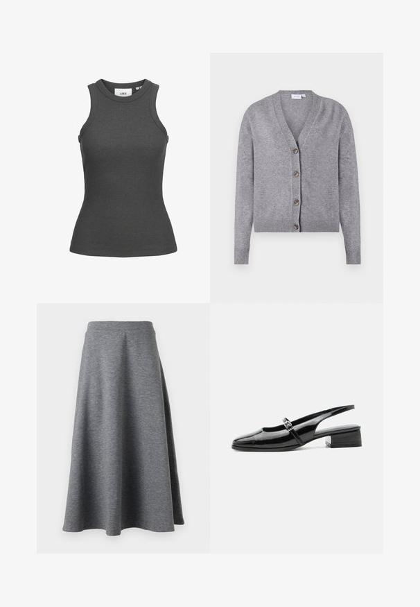 VILA VIRIL V-NECK KNIT CARDIGAN - NOOS - Vest - medium grey melange; Donkergrijze, mouwloze, geribbelde tanktop met een ronde halslijn en een getailleerde pasvorm, maat small.; Grijze, knielange rok gemaakt van zacht, rekbaar materiaal, met een uitlopende snit en een elastische tailleband voor comfort.; Zwarte lakleren slingback schoen met een lage blokhak en een dunne band met zilveren gesp bovenop.