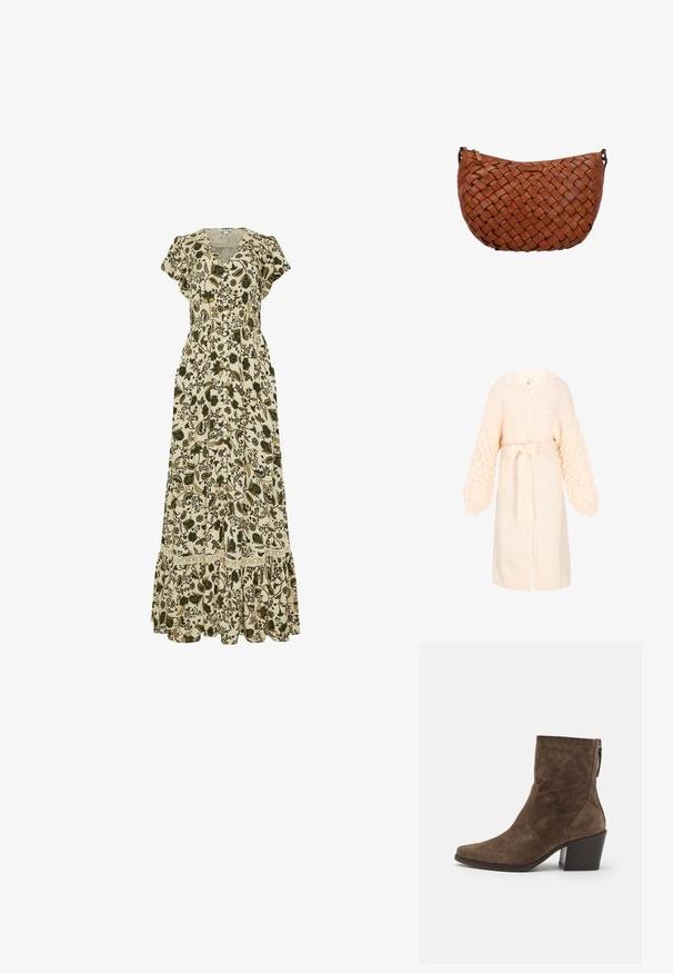 Cardigan en tricot crème avec un design texturé en côtes sur les manches, une ceinture nouée à la taille et une ouverture sur le devant.; Robe longue à manches courtes à motif floral, avec boutons sur le devant, encolure en V, taille élastique et ourlet à volants dans des tons beige et vert foncé.; Bottes à chevilles en suede marron avec un bout pointu, une fermeture éclair sur le côté et un talon épais. Présente une texture lisse et des détails de couture minimalistes.; Sac à épaule en cuir marron avec motif tissé et fermeture éclair sur le dessus, présenté sur fond blanc.