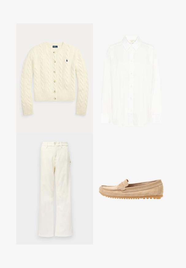 Cárdigan de punto con cable en color crema, con mangas largas, cierre de botones en el frente, puños y bajo acanalados, y logotipo Polo Ralph Lauren bordado en azul marino en el pecho.; Camisa blanca de manga larga con botones al frente, cuello clásico y corte regular. Hecha de tela suave, cuenta con ocho botones en la parte delantera.; Good American GOOD 90S CARPENTER - Pernera ancha - white denim; Mocasines de ante beige con punta redondeada, con detalles de costura y suela de goma que presenta pequeños salientes para tracción. Vista lateral.