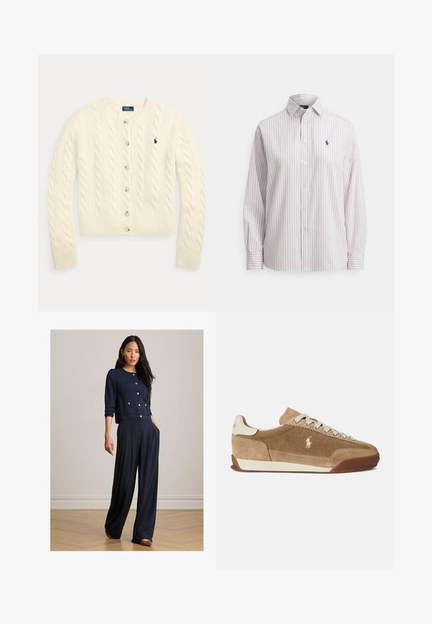 Cárdigan de punto con cable en color crema, con mangas largas, cierre de botones en el frente, puños y bajo acanalados, y logotipo Polo Ralph Lauren bordado en azul marino en el pecho.; Camisa de manga larga con botones, con finas rayas verticales rojas y azules, cuello puntiagudo y pequeño logo bordado en azul marino de un caballo en el pecho.; Mujer con cárdigan azul marino abotonado con botones dorados y pantalones de pierna ancha, de pie sobre suelo de madera frente a una pared lisa.; Zapatillas de ante color canela con un perfil bajo, detalles en crema, diseño con cordones y suela de goma. Presentan un pequeño logo en el lateral.