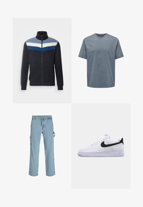 Sudadera de cremallera azul marino con cuello alto, que presenta rayas horizontales en azul claro, crema y azul oscuro en el pecho.; Camiseta de manga corta en un color azul suave, hecha de algodón suave, con cuello redondo y corte relajado, sin estampados ni adornos.; Pantalones cargo de mezclilla azul claro con un corte relajado, que cuentan con lazos de sujeción laterales y bolsillos frontales, mostrando una textura desgastada.; Zapatilla blanca de cuero con un Swoosh negro texturizado, cordones planos y una suela de goma con un patrón estriado. "AIR" está grabado en el talón.