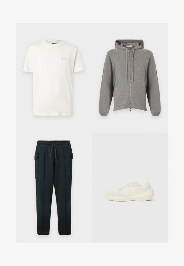 Sweat à capuche gris clair avec fermeture éclair, cordons de serrage et poches avant, en tissu tricoté doux, présenté à plat sur un fond blanc.; T-shirt en coton blanc avec col rond et manches courtes, arborant un petit patch logo rectangulaire dans le coin supérieur gauche.; Pantalon de survêtement noir avec taille à cordon, poches latérales, détail poche cargo et coutures visibles. Tissu doux avec une coupe décontractée.; Emporio Armani Baskets basses - off white