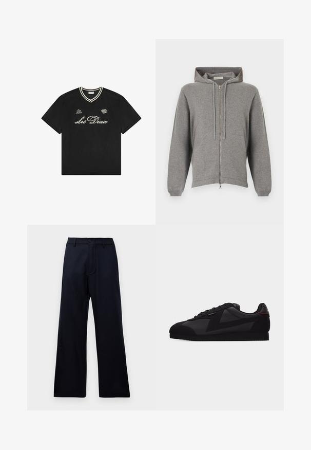 Ανοιχτό γκρι hoodie με φερμουάρ, κορδόνια και μπροστινές τσέπες, κατασκευασμένο από μαλακό πλεκτό ύφασμα, απλωμένο επίπεδα σε λευκό φόντο.; Μαύρο αθλητικό μπλουζάκι με κοντά μανίκια από δίχτυ με λευκή επένδυση στο V-λαιμόκοψη, κείμενο "Les Deux", "Est. 2011" και μικρό λογότυπο στο στήθος.; Μαύρο παντελόνι καμπάνα ψηλόμεσο με θηλιές ζώνης, μπροστινό κουμπί και φερμουάρ σε λευκό φόντο.; Μαύρο αθλητικό παπούτσι χαμηλού ύψους με κορδόνια μπροστά, λείες και σουέτ επιφάνειες και υφή σόλας σε λευκό φόντο.