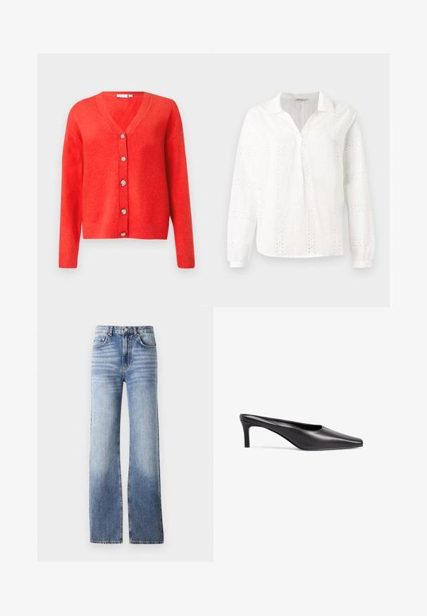 Rode V-hals cardigan met lange mouwen en vijf decoratieve zilveren knopen aan de voorkant, weergegeven op een effen achtergrond.; Witte katoenen blouse met lange mouwen, een V-hals kraag en ingewikkelde oogjes borduurpatronen door het hele kledingstuk. Klassiek pasvorm ontwerp.; Lichtblauwe denim jeans met een hoge taille, wijde pijpen en subtiele vervaging. Voorzien van een knoopsluiting en een vijfzakkenontwerp.; Zwarte leren pointed-toe slingback hak met een lage, blokhak en een gladde textuur. Eenvoudig ontwerp zonder versieringen.