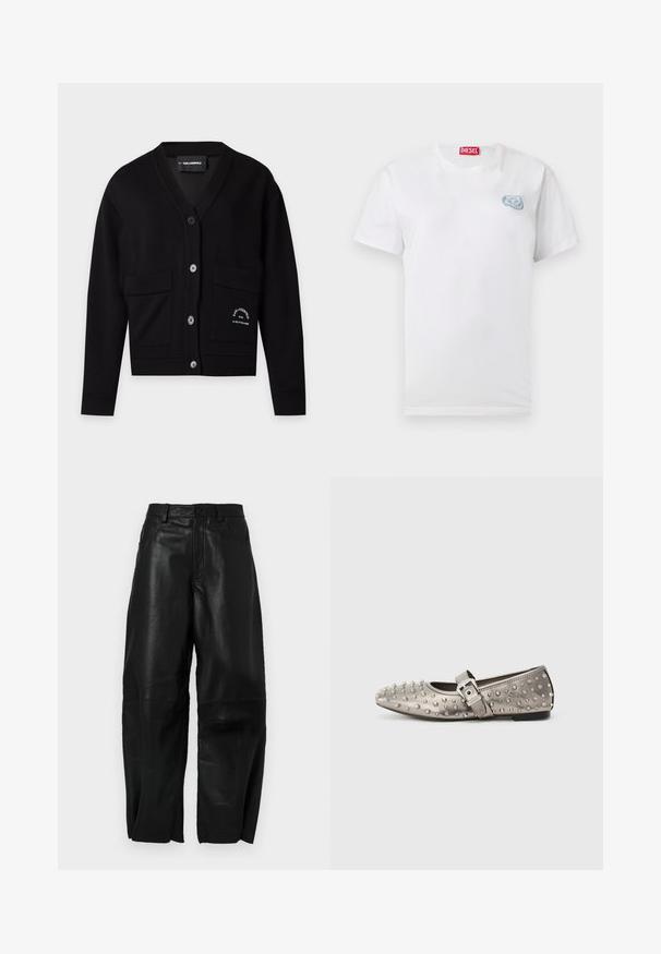 Black button-up cardigan with two front pockets and small white text on the lower right pocket reading Karl Lagerfeld Paris.; White short-sleeve crew neck t-shirt with a small blue abstract logo on the left chest and a red Diesel label inside the collar.; Black leather pants with a loose fit, featuring a straight leg design, front pockets, and visible stitching details.; Grey flat shoe with rounded toe, adorned with metallic studs, and a side strap featuring a silver buckle detail. Smooth texture.