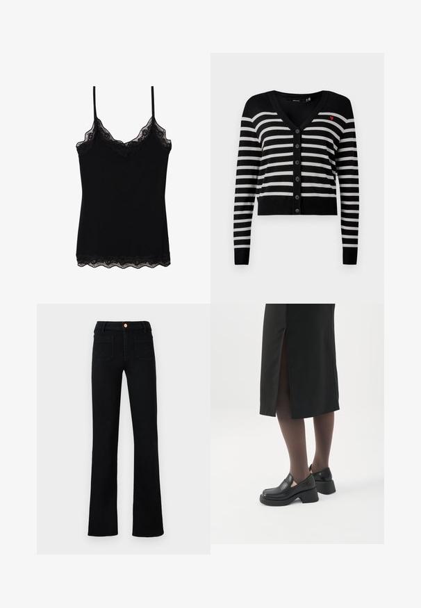 Schwarz-weiße, horizontal gestreifte, knöpfbare Strickjacke mit langen Ärmeln und einem kleinen roten Herz, das auf der linken Brust gestickt ist.; Schwarzes Spaghetti-Top mit verstellbaren Trägern, einem gewellten Spitzenbesatz entlang des Ausschnitts und Saums sowie einer figurschmeichelnden Passform. Hergestellt aus weichem Stoff.; Schwarze hochtaillierte Jeans im Straight-Leg-Schnitt mit aufgesetzten Vordertaschen und einem kupferfarbenen Knopfverschluss auf neutralem Hintergrund.; Frau trägt schwarze Loafers mit klobigem Absatz, schwarze transparente Strumpfhosen und einen schwarzen Rock mit Schlitz hinten vor weißem Hintergrund.