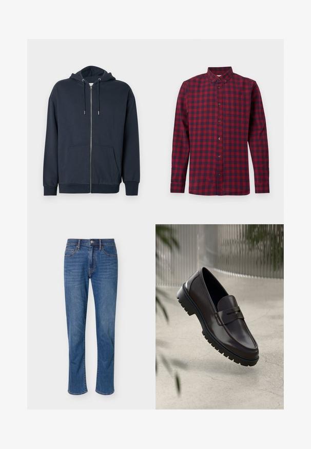 Sweat à capuche zippé bleu marine en mélange de coton doux, avec ourlet arrondi, deux poches frontales et capuche réglable avec cordon de serrage.; Chemise à manches longues à carreaux rouge et bleu marine, avec col boutonné et poche poitrine.; Jean droit bleu en denim avec fermeture devant à bouton et zip, cinq poches et légère décoloration aux cuisses.; Mocassins en cuir marron avec une semelle en caoutchouc texturée et striée. Présente un design épuré et une sangle décorative sur le cou-de-pied.