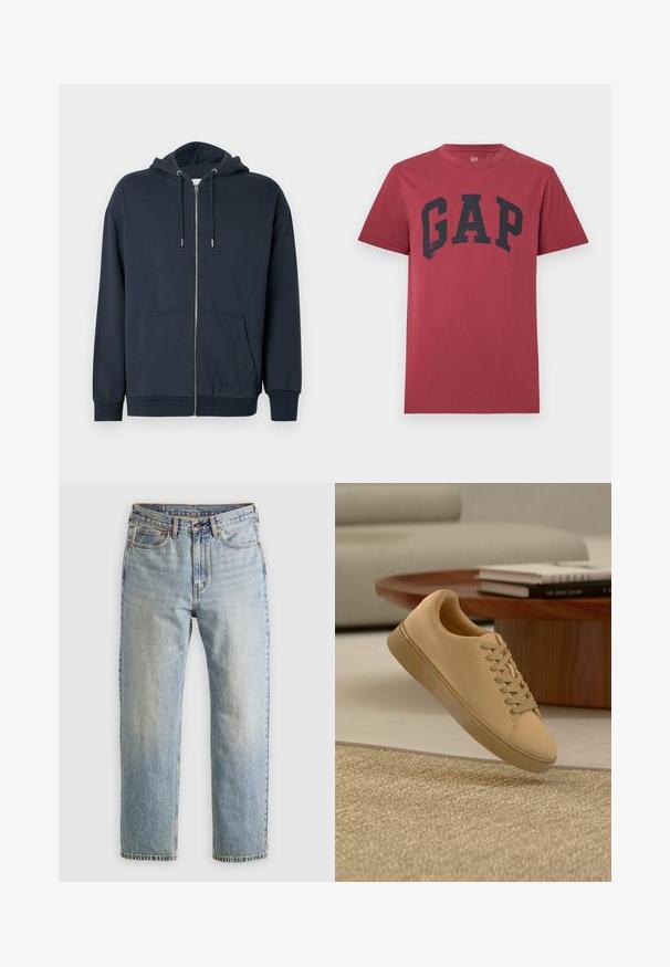 Sudadera con cremallera azul marino hecha de una suave mezcla de algodón, con dobladillo curvado, dos bolsillos frontales y capucha ajustable con cordón.; Camiseta roja de manga corta con cuello redondo y gran texto negro "GAP" centrado en el pecho.; Jeans de mezclilla azul claro de cintura alta, con botón frontal, cremallera y diseño de cinco bolsillos, dispuestos sobre un fondo neutro.; Zapatilla beige con cordones flotando sobre una alfombra texturizada con una mesa de café de madera y libros apilados en un fondo desenfocado.