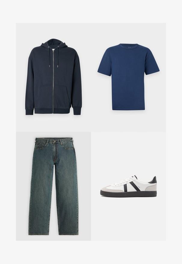 Marineblauwe zip-up hoodie gemaakt van een zachte katoenmengeling met een afgeronde zoom, twee steekzakken aan de voorkant en een verstelbare capuchon met trekkoord.; Donkerblauw katoenen T-shirt met korte mouwen en ronde hals, met een effen voorkant, weergegeven tegen een lichtgrijze achtergrond.; Diepblauwe recht gesneden denim jeans met een knoop- en ritsluiting, voorzakken en riemlussen op een lichtgrijze achtergrond.; Witte sneaker met zwarte en grijze accenten, voorzien van een grijze neus met textuur, zwarte rubberen zool en platte witte veters. Schoon ontwerp, minimalistische stijl.