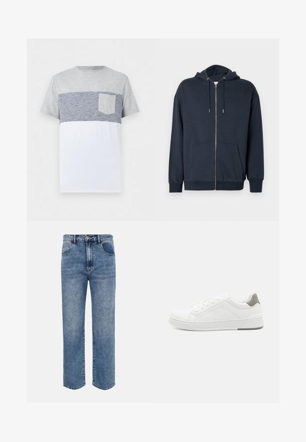 Sweat à capuche zippé bleu marine en mélange de coton doux, avec ourlet arrondi, deux poches frontales et capuche réglable avec cordon de serrage.; T-shirt homme à manches courtes avec partie supérieure gris clair, rayures horizontales bleu marine au milieu, poche poitrine, et partie inférieure blanche.; Jeans en denim bleu coupe droite avec poches avant, passants pour ceinture, fermeture par bouton et délavage effet usé.; Basket blanche en cuir lisse, à bout arrondi, design minimaliste, accent de talon gris et semelle en caoutchouc texturé.