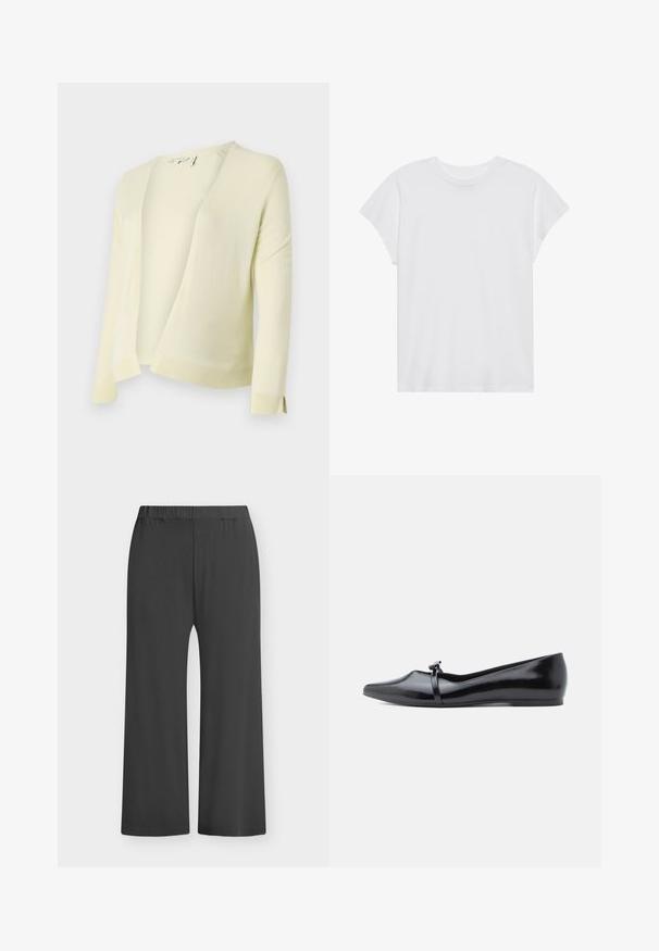 Lys gul strikket cardigan med V-hals, åben front og lange ærmer. Har ribbestrikket kant og manchetter for ekstra tekstur. Blødt materiale.; Hvid kortærmet t-shirt med rund hals, afslappet pasform, lavet af blødt bomuldsstof. Glat tekstur, ingen mønstre eller logoer.; Sorte bukser med vide ben og elastisk talje, lavet af blødt stof. Glat tekstur uden mønstre eller dekorationer, velegnet til afslappet brug.; Sort laklæderballerina med spids tå, dekorativ rem og glat tekstur. Minimalistisk design uden synlige detaljer.