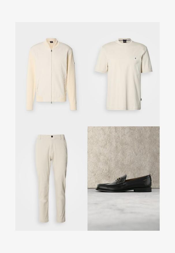 Bombejakke i cremefarvet med strikkede ærmer, lynlåslukning, ribstrikket krave, manchetter og kant samt sidelommer på ensfarvet baggrund.; Kortærmet t-shirt med rund hals i lysebeige bomuld. Har et lille rundt logo på brystet og en lige nederkant.; Beige chinos med lige ben, lavet af blødt bomuldsstof, med lynlås og en enkelt sort knaplukning.; Sort læderloafers med guldfarvet metaldekoration og "HUGO" branding, vist mod en beige tæppe og brunt gennemsigtigt møbel.