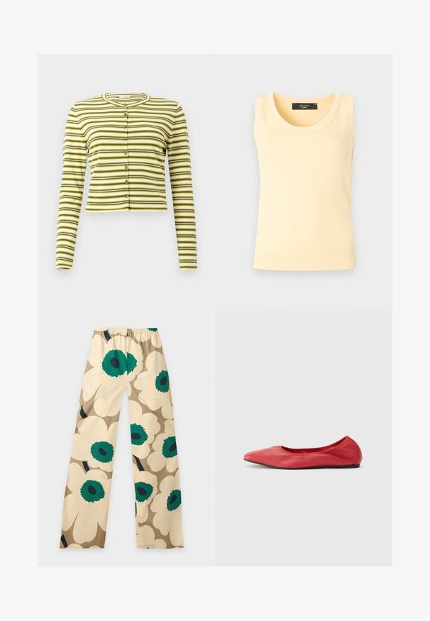 Long-sleeve cropped cardigan with horizontal stripes in shades of green, white, and black, featuring a round neckline and front buttons.; Sleeveless ribbed knit tank top in pale yellow with round neckline and black brand label inside the collar.; Beige wide-leg pants with large floral print featuring cream petals and green centers, displayed on a plain light background.; Filippa K REY FLATS - Ballet pumps - bright red