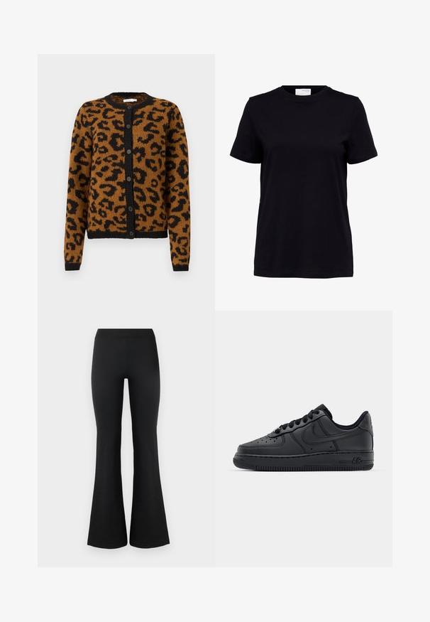Cardigan en imprimé léopard marron fabriqué en tissu doux, doté d'un col rond, de boutons noirs et de poignets et d'un ourlet côtelés.; T-shirt noir à manches courtes avec col rond, ourlet droit et une étiquette blanche à l’arrière à l’intérieur du col.; Pantalons évasés noirs en tissu lisse et extensible. Dotés d'une taille haute et de bords évasés pour un look ajusté. Design simple.; Baskets en cuir noir avec boîte à orteils perforée, lacets plats et semelle en caoutchouc. Présente un petit logo sur le côté et des détails texturés.