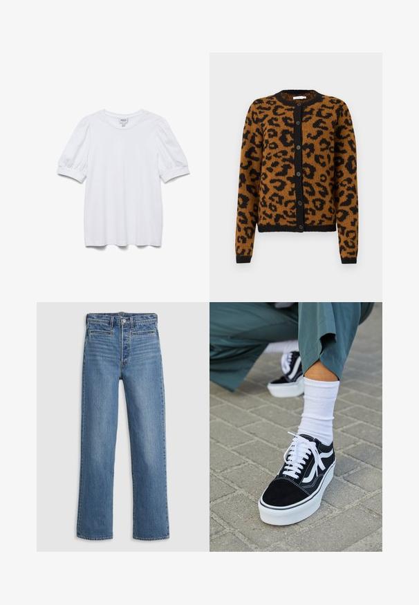 Brun leopardprint cardigan lavet af blødt stof, med rund halsudskæring, sorte knapper og ribbede manchetter og kant.; Hvid kortærmet top med rund halsudskæring og puffede ærmer. Lavet af glat stof, med et mærke mærket "AWARE."; Lys blå, lige ben jeans lavet af denim. Funktioner inkluderer en knaplukning, fem lommer og diskret slid. Ingen udsmykninger eller mønstre.; Sorte ruskinds sneakers med hvide accenter og snørebånd, der har en tyk hvid sål og kontrasterende syninger, parret med en hvid sok.