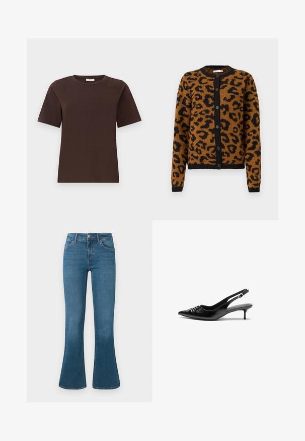 Brun leopardprint cardigan lavet af blødt stof, med rund halsudskæring, sorte knapper og ribbede manchetter og kant.; Brun bomulds t-shirt med klassisk rund hals, korte ærmer og lige kant. Blød tekstur, ingen mønstre eller udsmykninger.; Blå denim flared jeans med en mellemhøj talje, fem-lomme design og diskrete syninger. Glat tekstur med en klassisk vask.; Sorte læder slingback-pumps med spids tå, lav kitten-hæl og rynket detalje på overdelen. Glat tekstur og minimalistisk design.