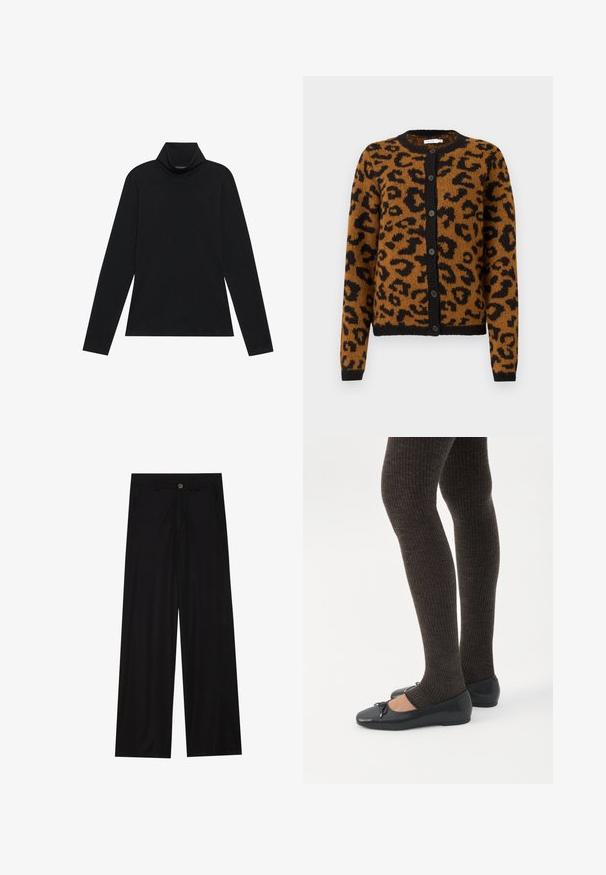 Bruine luipaardprint vest van zachte stof, met een ronde halslijn, zwarte knopen en geribbelde manchetten en zoom.; Zwarte langetermijn turtleneck. Zachte stof, getailleerd design, hoge kraag en zijnaad. Eenvoudige en veelzijdige stijl die geschikt is voor het laagjes dragen.; Zwarte wijde broek van een gladde stof, met zijzakken en een knoopsluiting bij de taille. Minimalistisch ontwerp zonder patronen.; Benen met donkere geribbelde leggings gecombineerd met zwarte ballerina's met kleine strikdetails op een witte achtergrond.