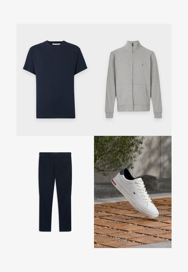 Sweatshirt gris zippé avec un col haut, deux poches avant, des poignets côtelés et un petit logo sur le côté supérieur gauche. Texture douce.; T-shirt à manches courtes bleu marine foncé en coton, doté d'un col rond et d'une coupe décontractée. Simple, couleur unie sans motifs.; Pantalon bleu marine à jambes droites avec passants de ceinture, fermeture à boutons sur le devant et poches avant, présenté sur fond blanc.; Baskets en cuir blanc avec languette de talon bleu marine et petit logo rouge, blanc et bleu flottant au-dessus d’une surface en bois et cailloux en extérieur.
