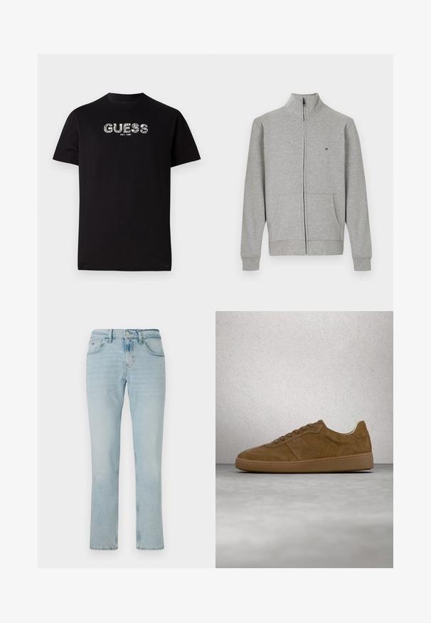 Grå zip-up sweatshirt med høj krave, to forlommer, ribbede manchetter og et lille logo på øverste venstre side. Blød tekstur.; Sort bomulds T-shirt med korte ærmer, der har et hvidt grafisk "GUESS" logo og teksten "EST. 1981" nedenfor. Rund halsudskæring, afslappet pasform.; Lyseblå denim jeans med straight leg-design, blød tekstur, frontlommer og subtile falmning mønstre. Har en knap- og lynlåslukning.; Brun ruskindsneaker med tanfarvede snørebånd og gummisål. Har en rundet snude og synlige stikninger på overdelen. Letvægtsdesign.