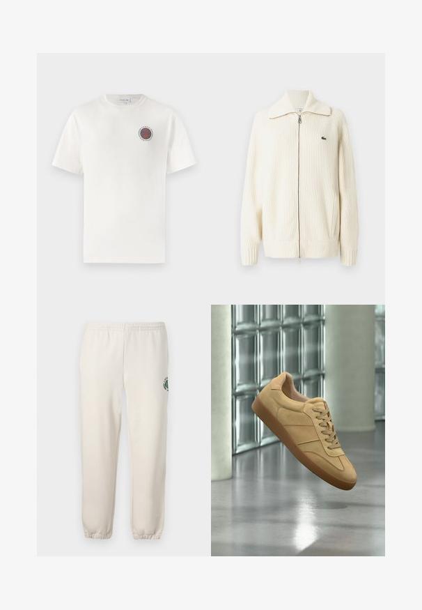 Crème kleurige geribde gebreide cardigan met rits, een ruime kraag, ritsluiting en subtiele logodetail op de linkerkant van de borst. Gelaagde stof.; Witte katoenen t-shirt met korte mouwen, voorzien van een ronde blauwe en oranje "Tennis Heritage" logo op de linkerborst.; Lichtbeige sweatpants van katoen, met een elastische tailleband, geribde boorden en een groen logo met een bladerenontwerp op het linkerpand.; Beige suède sneaker met rubberen zool, veterdesign, zwevend binnenshuis op gepolijst betonnen vloer nabij een glasblokmuur.