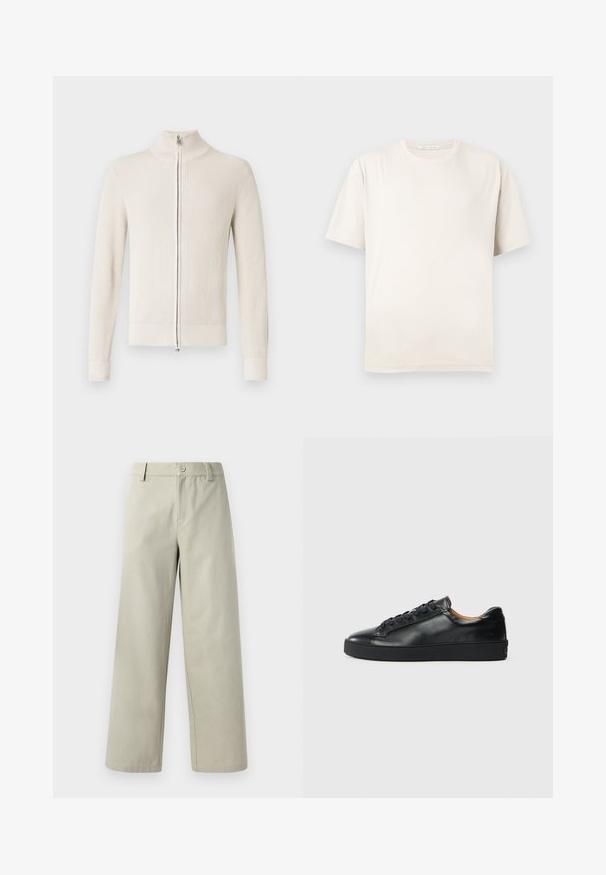Flødefarvet ribstrikket trøje med lynlås, høj krave og tætsiddende lange ærmer. Har en sølvfarvet lynlås og et tekstureret strikket design.; Enkelt beige T-shirt med korte ærmer og rund hals, lagt fladt på en lys baggrund, uden synlige mønstre eller grafik.; Han Kjøbenhavn WIDE LEG - Bukser - light grey; Sorte lædersneakers med en glat overflade, rund tå og snørebåndslukning. Har en tyk gummisål og minimal branddetalje.