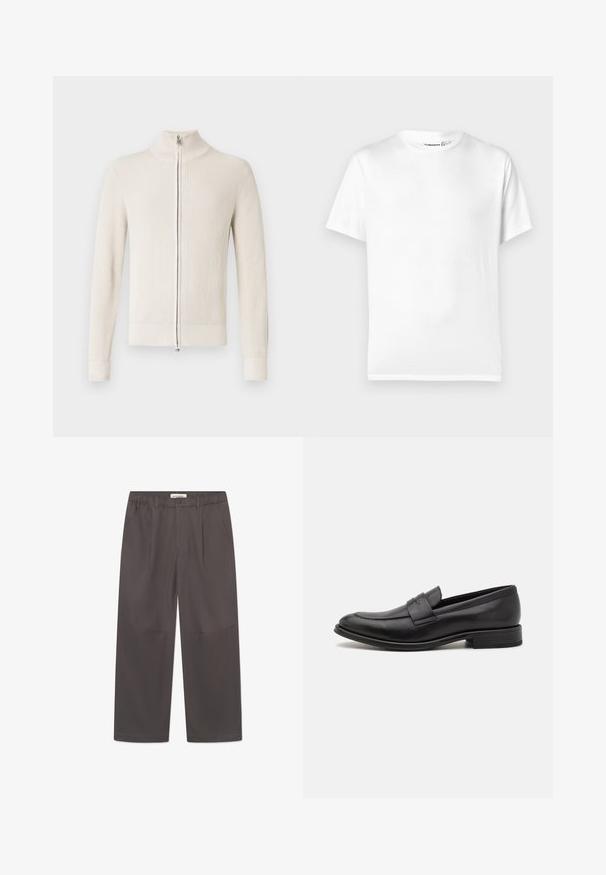Pull crème à côtes avec fermeture éclair, col montant et manches longues ajustées. Doté d'une fermeture éclair argentée et d'un motif tricoté texturé.; T-shirt en coton blanc avec un col rond classique, des manches courtes et un ourlet droit. Texture lisse, sans motifs ni accents.; Pantalons gris à jambes larges en tissu lisse, dotés d'une fermeture à bouton et de deux poches latérales. Design simple et épuré sans motifs visibles.; Mocassin en cuir noir avec une finition lisse, une sangle décorative sur le dessus, un bout rond et un petit talon empilé.